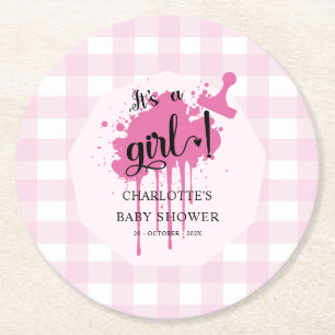 Het is een meisje Cute Pastel Roze Gingham Baby Sh Ronde Kartonnen Onderzetter