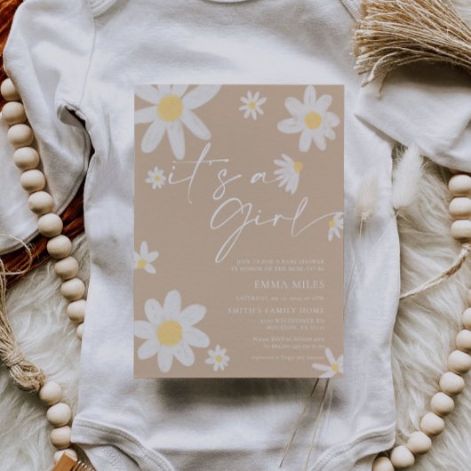 Het is een meisje Daisy Beige Baby shower Invitati Kaart