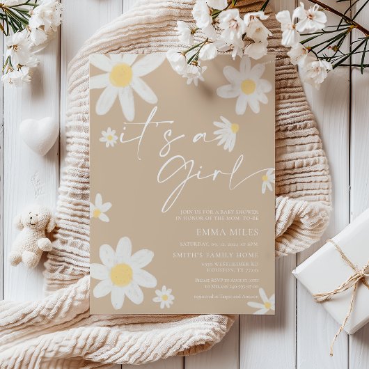Het is een meisje Daisy Beige Baby shower Invitati Kaart