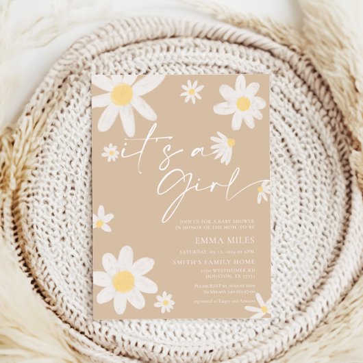 Het is een meisje Daisy Beige Baby shower Invitati Kaart