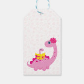 Het is een meisje dat snel uitkomt op dinosaurus b cadeaulabel (Achterkant)