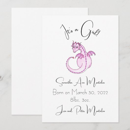 Het is een meisje!! Draken geboorteaankondiging. Aankondiging (Voorkant / Achterkant)