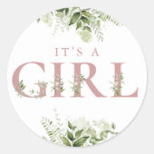 Het is een meisje Dusty Rose groenbloeiende bloeme Ronde Sticker (Voorkant)