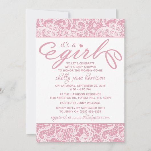 Het is een meisje! Fancy roze en wit Baby shower Kaart (Voorkant)