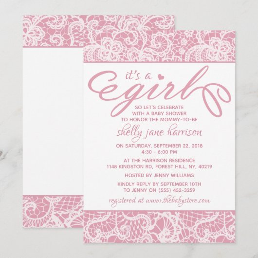 Het is een meisje! Fancy roze en wit Baby shower Kaart (Voorkant / Achterkant)