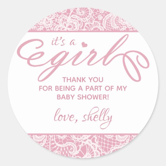 Het is een meisje! Fancy roze en wit Baby shower Ronde Sticker (Voorkant)
