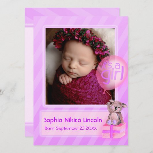 Het is een meisje foto pasgeboren baby roze aankondiging (Voorkant / Achterkant)