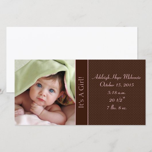 Het is een meisje - Fotokaart Stats Deep Brown Pin Aankondiging (Voorkant / Achterkant)