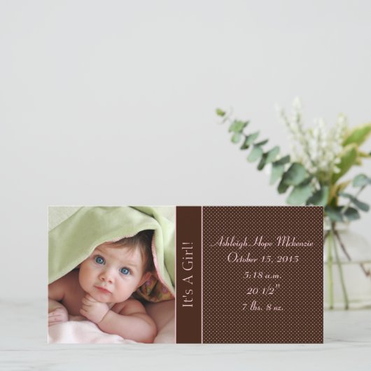 Het is een meisje - Fotokaart Stats Deep Brown Pin Aankondiging (Staand voorkant)