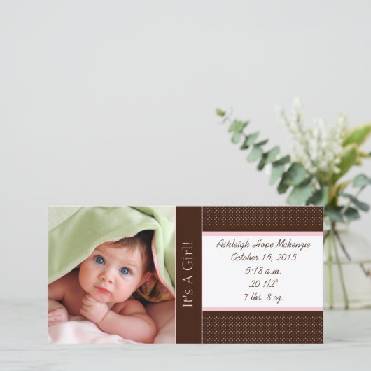 Het is een meisje - Fotokaart Stats Deep Brown Pin Aankondiging (Staand voorkant)