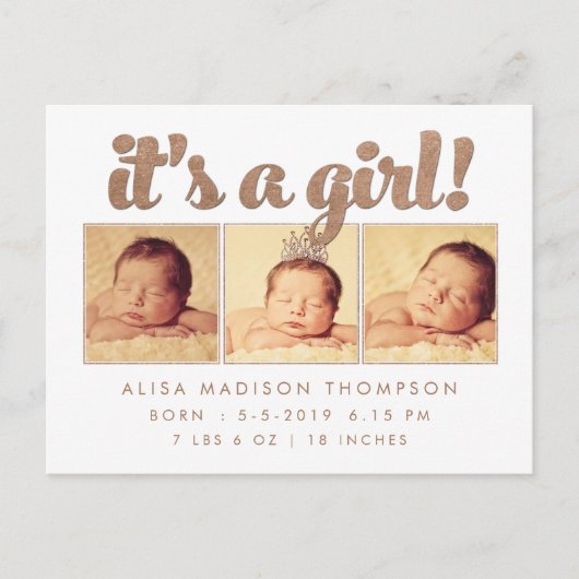 Het is een Meisje Geboorte Aankondiging Foto Brief (Voorkant)