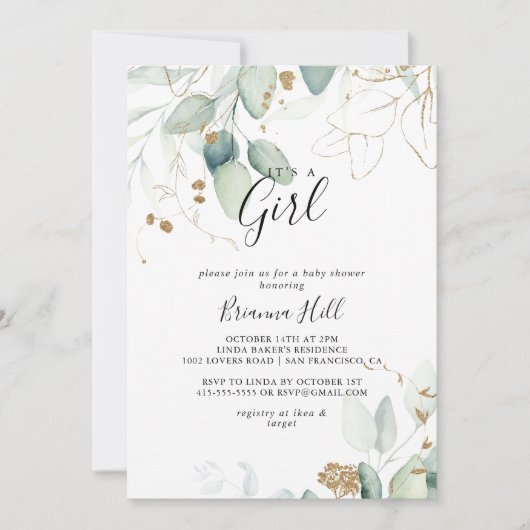 Het is een meisje gouden eucalyptus Baby shower Kaart (Voorkant)