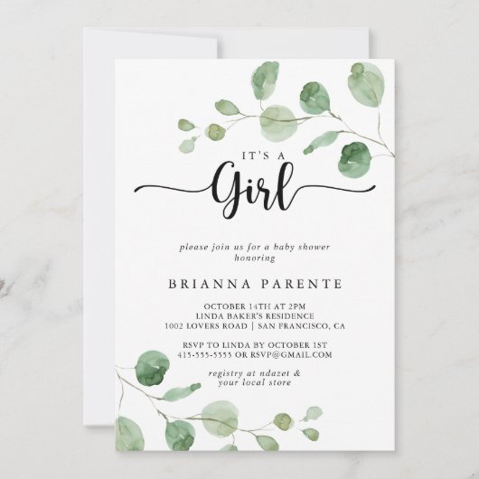 Het is een meisje Green Delight Eucalyptus Baby sh Kaart (Voorkant)