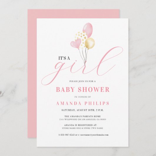 Het is een meisje kleurrijke ballonnen save the date (Voorkant / Achterkant)