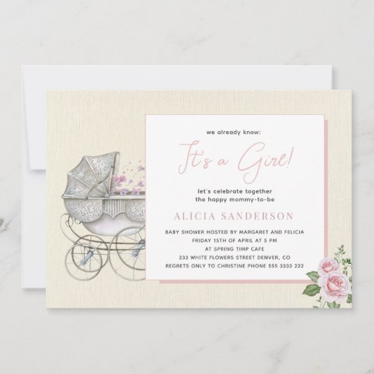 Het is een meisje  koets en rozen baby shower kaart (Voorkant)