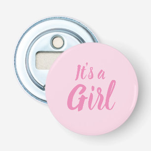 Het is een meisje, licht roze baby shower. button flesopener