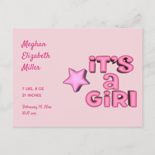 Het is een meisje met 3D Pink Star Custom Aankondigingskaart