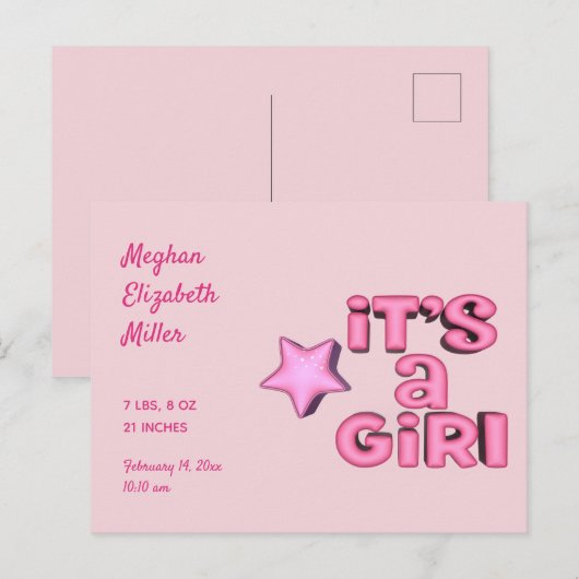 Het is een meisje met 3D Pink Star Custom Aankondigingskaart (Voorkant / Achterkant)