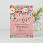 Het is een meisje met Floral Roos Glitter Baby sho Kaart (Staand voorkant)