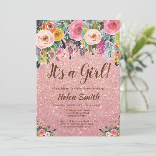 Het is een meisje met Floral Roos Glitter Baby sho Kaart (Staand voorkant)