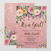 Het is een meisje met Floral Roos Glitter Baby sho Kaart (Voorkant / Achterkant)