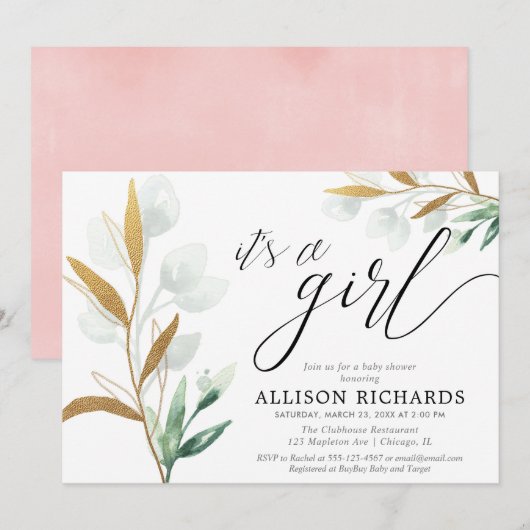 Het is een meisje modern groen goud roze baby show kaart (Voorkant / Achterkant)