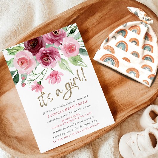 Het is een meisje Modern Pink Bourgondië Floral Ba Kaart