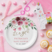 Het is een meisje Modern Pink Bourgondië Floral Ba Papieren Bordje (Feest)