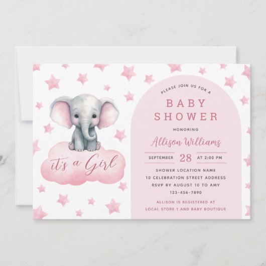 Het is een meisje | Modern Roze Olifant Meisje Bab Kaart (Voorkant)