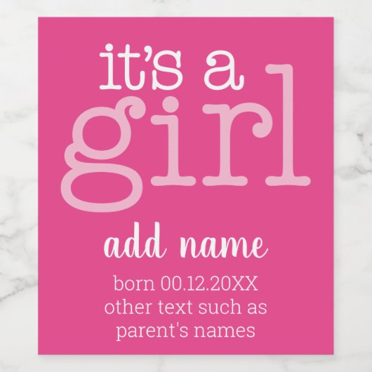 Het is een meisje - Modern, roze roze. Wijn Etiket (Enkel label)