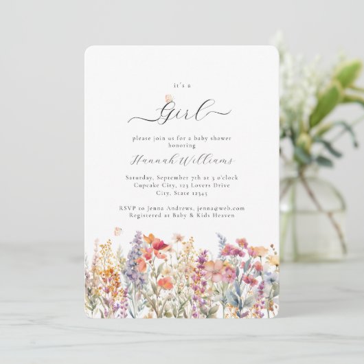 Het is een meisje! Modern, Wildbloem, Baby shower Kaart (Staand voorkant)