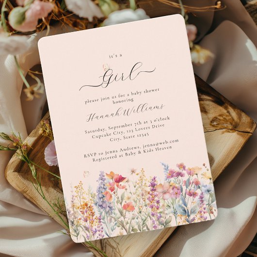 Het is een meisje! Modern, Wildbloem, Baby shower Kaart