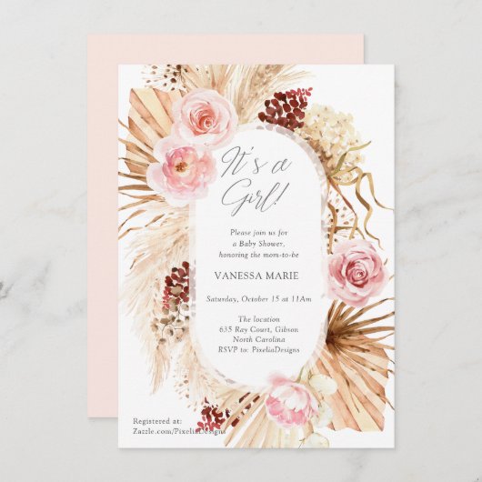 Het is een meisje moderne boho bloemboog met pampa kaart (Voorkant / Achterkant)