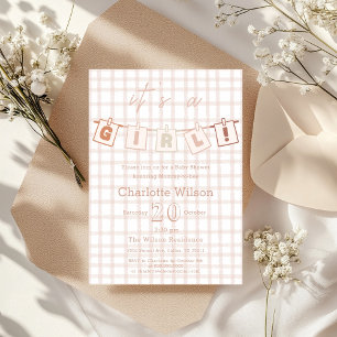 Het is een meisje! Mooie bruine Gingham babyshower Kaart