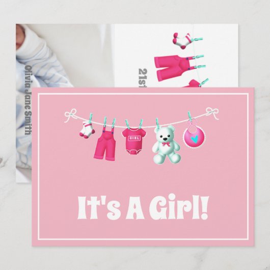 Het is een meisje! Nieuwe Baby – Roze Aangepaste F Aankondiging (Voorkant / Achterkant)