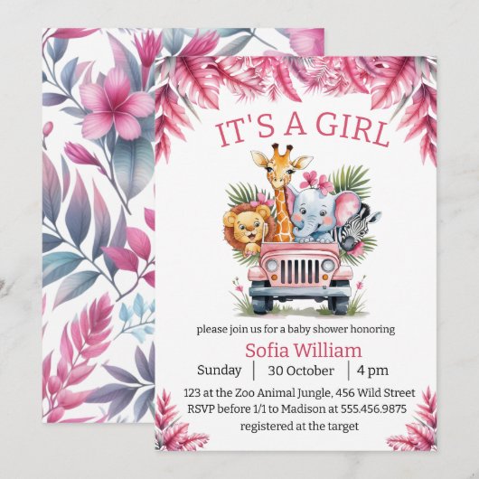 Het is een meisje oerwoud safari dieren baby showe kaart (Voorkant / Achterkant)