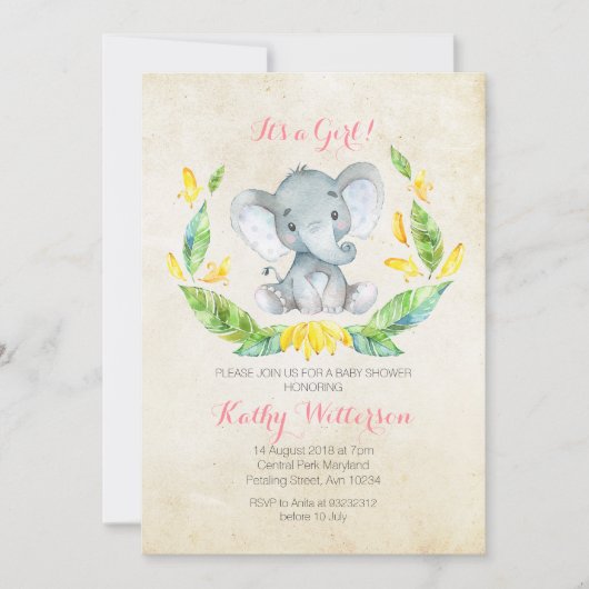 Het is een meisje olifant baby shower uitnodiging (Voorkant)
