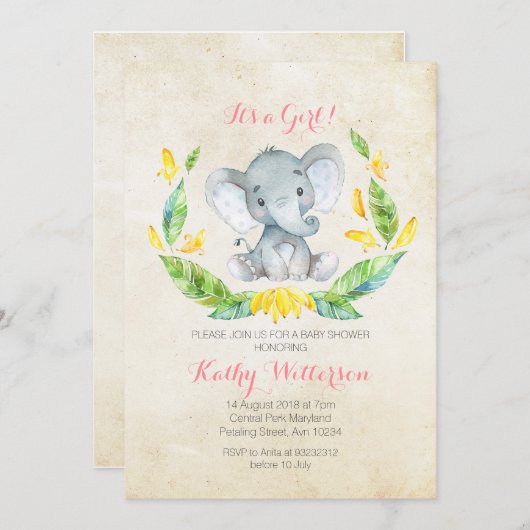 Het is een meisje olifant baby shower uitnodiging (Voorkant / Achterkant)