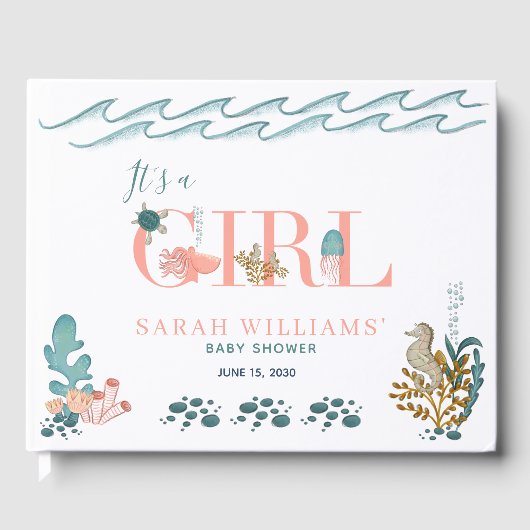 Het is een meisje onder het Zee Coral Baby shower Gastenboek (Voorkant)