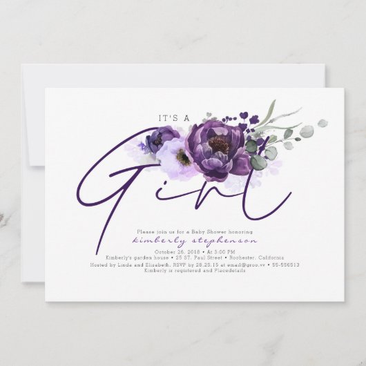 Het is een meisje paarse bloemen Baby shower uitno Kaart (Voorkant)