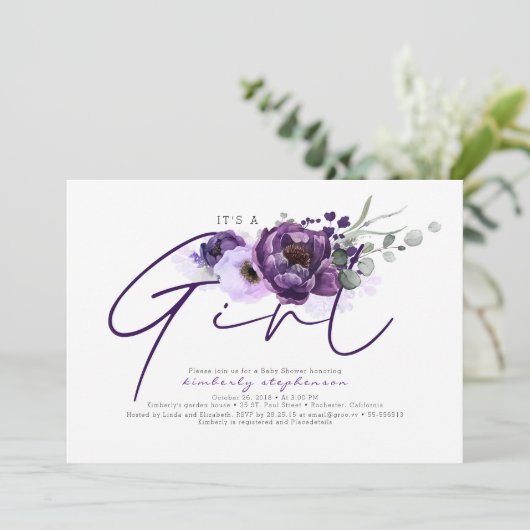Het is een meisje paarse bloemen Baby shower uitno Kaart (Staand voorkant)