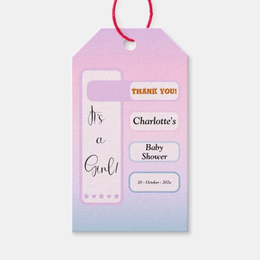 Het is een meisje! Paarse gradiënt Cute Baby Showe Cadeaulabel (Voorkant)