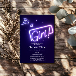 Het is een meisje! Paarse neon tekst baby shower Kaart