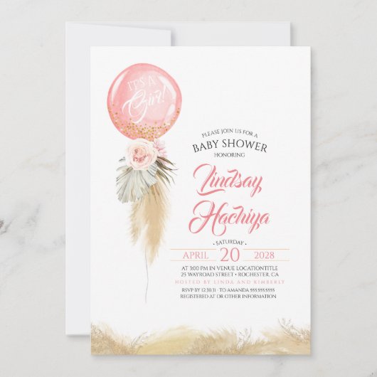 Het is een meisje Pampas Grass roze ballon Baby sh Kaart (Voorkant)