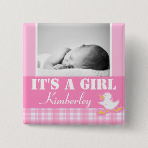 "Het is een meisje" pasgeboren foto en naam roze b Vierkante Button 5,1 Cm