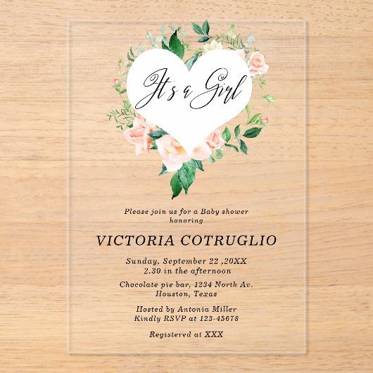 Het is een meisje perzik Baby shower acryl uitnodi Acryl Uitnodigingen (Voorkant)