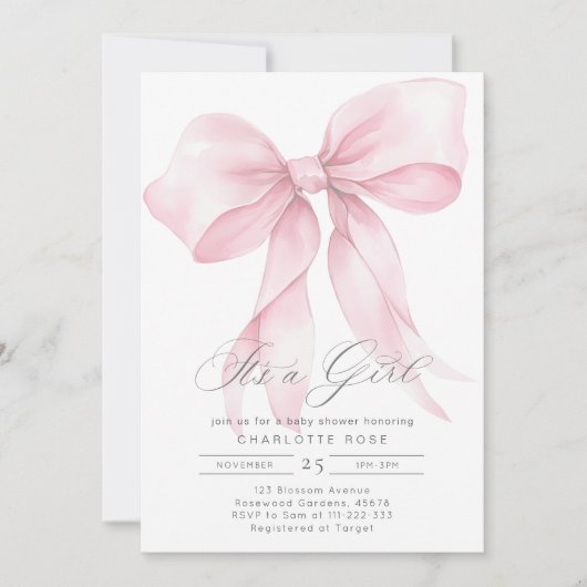 Het is een meisje Pink Bow baby meisje douche Kaart (Voorkant)