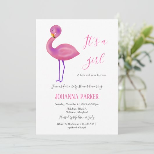 Het is een meisje | Pink Flamingo | Baby Shower Kaart (Staand voorkant)