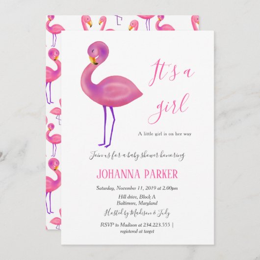 Het is een meisje | Pink Flamingo | Baby Shower Kaart (Voorkant / Achterkant)