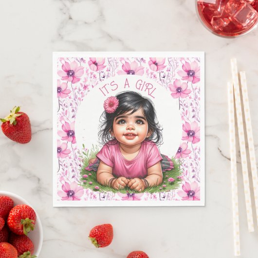 Het is een meisje | Pink Floral Girl's Baby shower Servet (Insitu)
